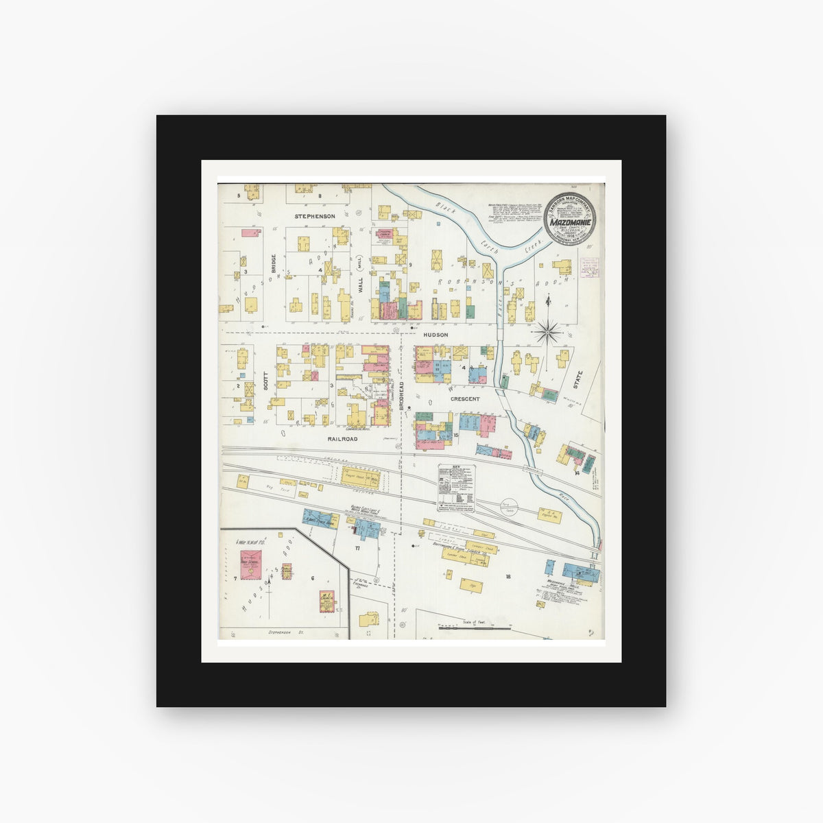 Old map wall art mockup — black gallery frame with white mat — Sanborn Fire Insurance Map from Mazomanie, Dane County, Wisconsin (1905), Sheet #0001