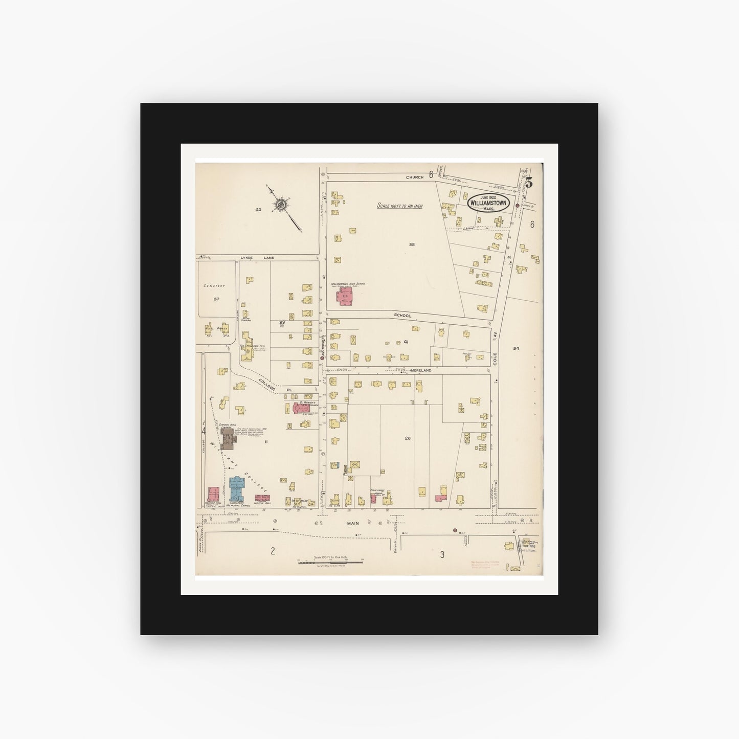 Old map wall art mockup — black gallery frame with white mat — Sanborn Fire Insurance Map from Williamstown, Berkshire County, Massachusetts (1922), Sheet #0005