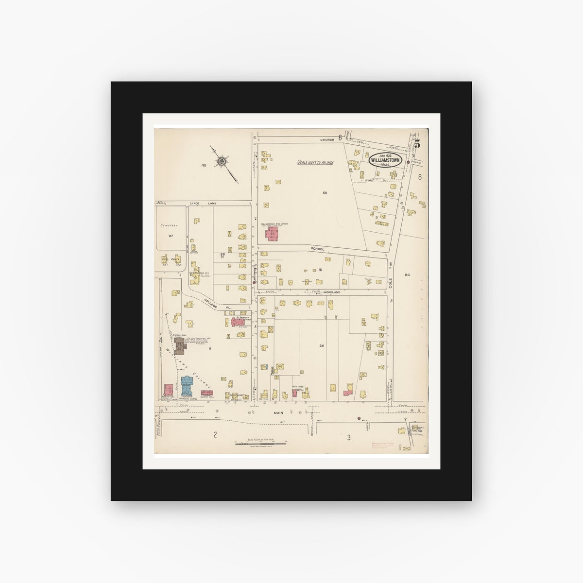 Old map wall art mockup — black gallery frame with white mat — Sanborn Fire Insurance Map from Williamstown, Berkshire County, Massachusetts (1922), Sheet #0005