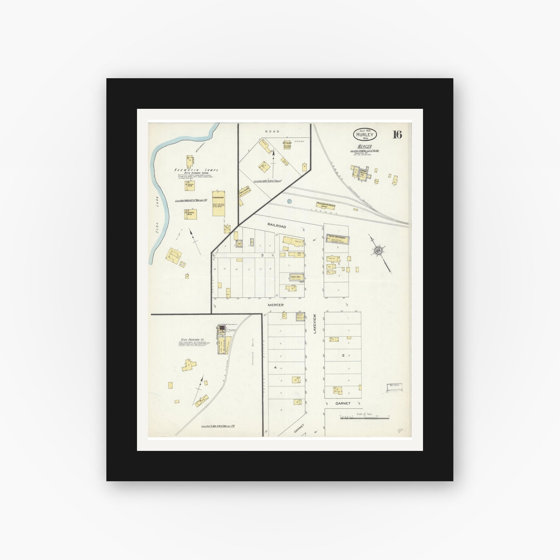 Old map wall art mockup — black gallery frame with white mat — Sanborn Fire Insurance Map from Hurley, Iron County, Wisconsin (1913), Sheet #0016