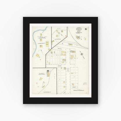 Old map wall art mockup — black gallery frame with white mat — Sanborn Fire Insurance Map from Hurley, Iron County, Wisconsin (1913), Sheet #0016