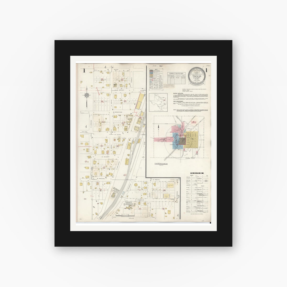 Old map wall art mockup — black gallery frame with white mat — Sanborn Fire Insurance Map from Troup, Smith County, Texas (1943) - Complete Map Set