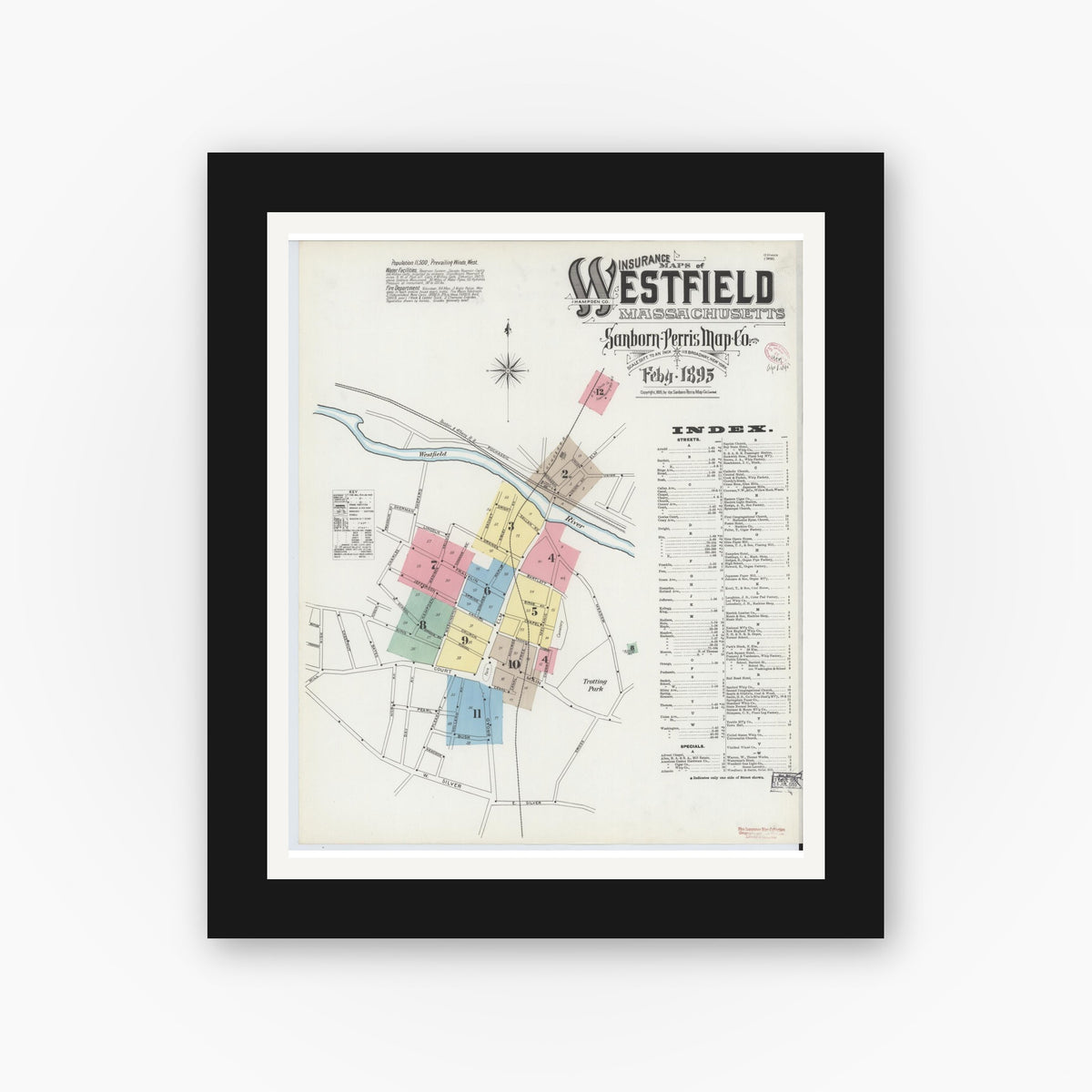 Old map wall art mockup — black gallery frame with white mat — Sanborn Fire Insurance Map from Westfield, Hampden County, Massachusetts (1895), Sheet #0001