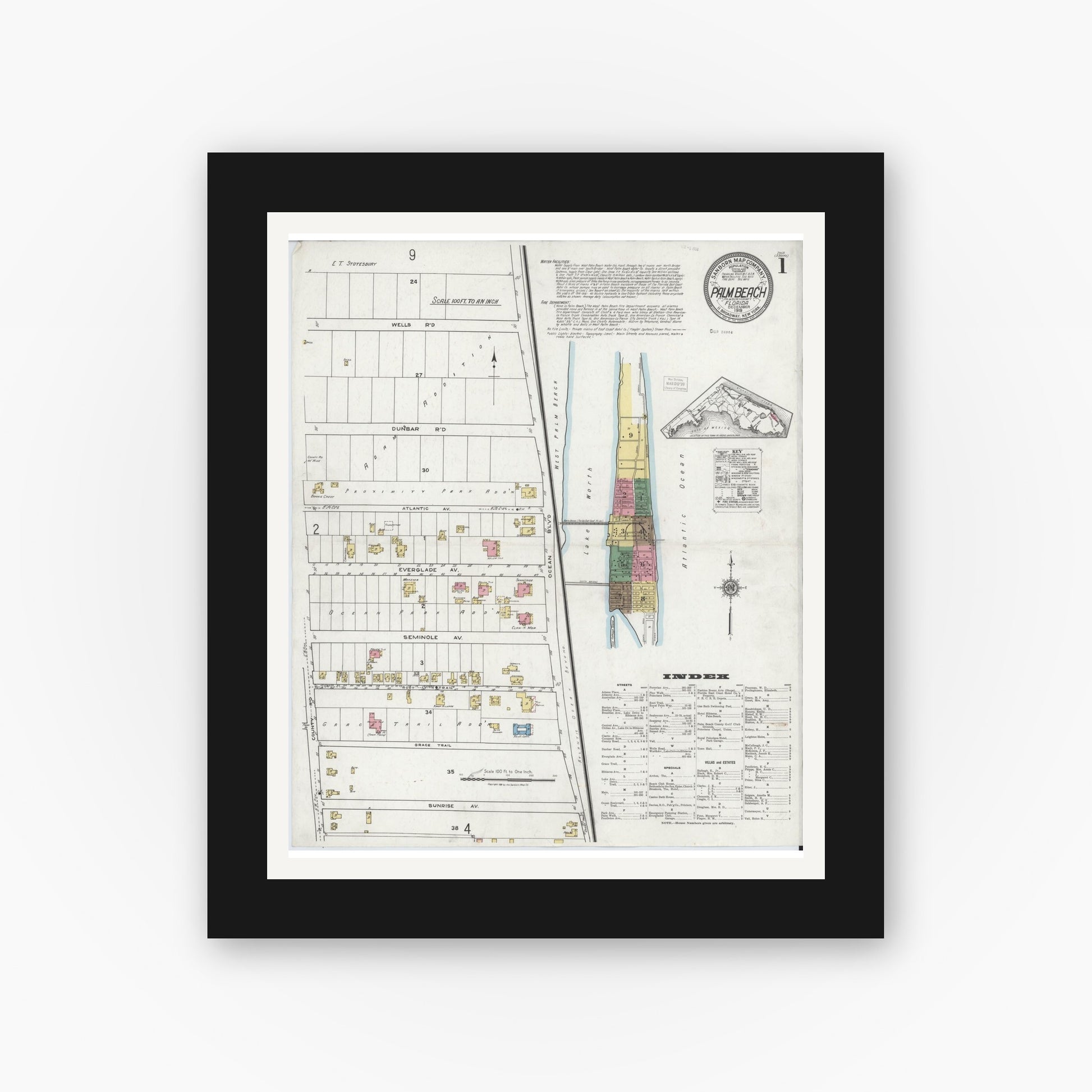Old map wall art mockup — black gallery frame with white mat — Sanborn Fire Insurance Map from Palm Beach, Palm Beach County, Florida (1919), Sheet #0001