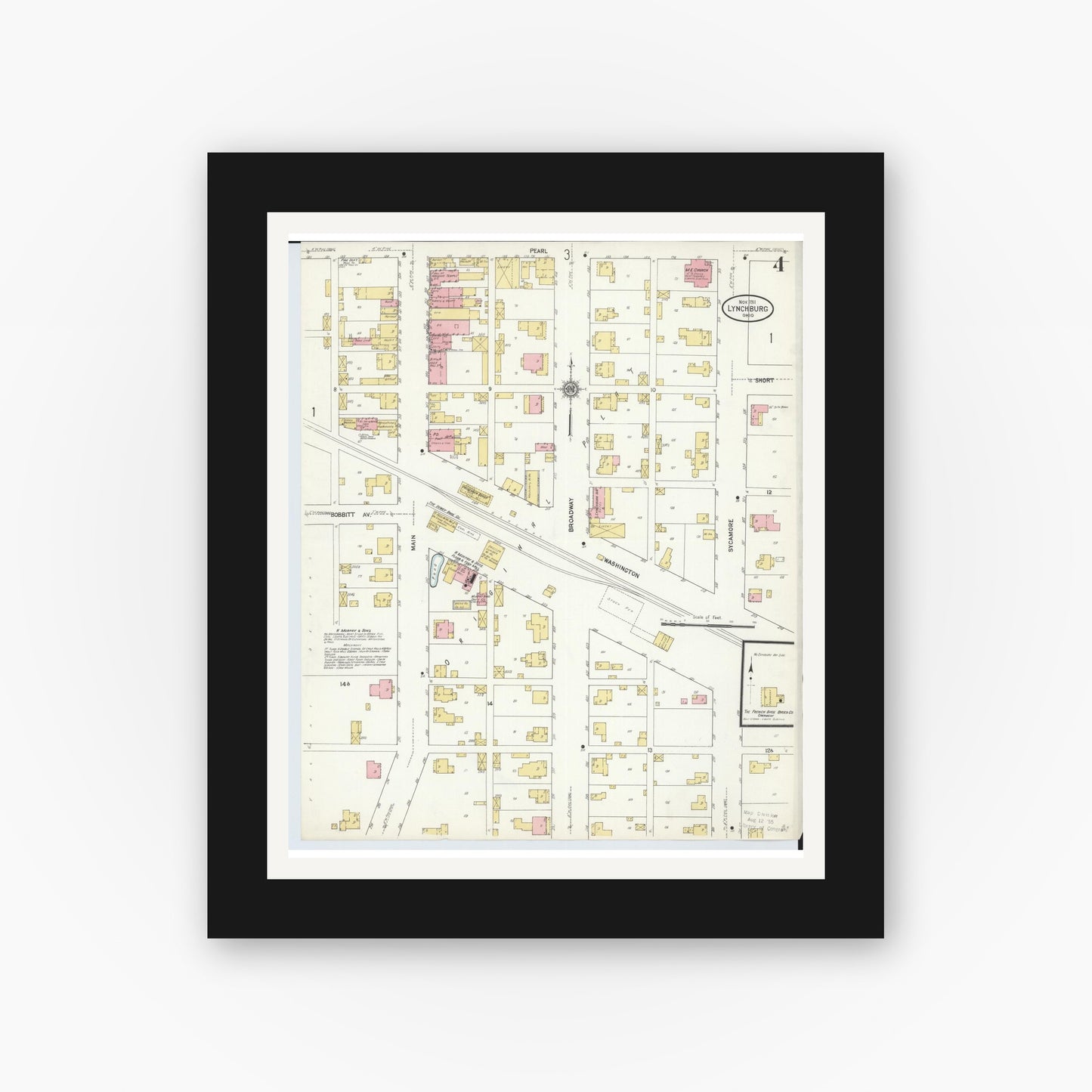 Old map wall art mockup — black gallery frame with white mat — Sanborn Fire Insurance Map from Lynchburg, Highland County, Ohio (1911), Sheet #0004