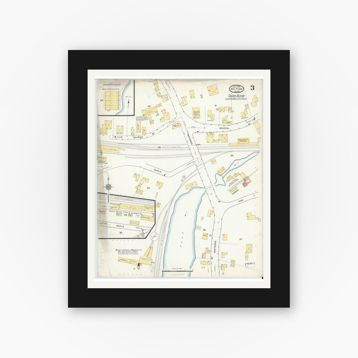 Old map wall art mockup — black gallery frame with white mat — Sanborn Fire Insurance Map from Acton, Middlesex County, Massachusetts (1916), Sheet #0003