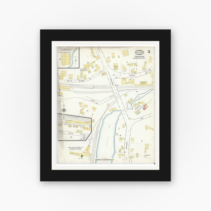 Old map wall art mockup — black gallery frame with white mat — Sanborn Fire Insurance Map from Acton, Middlesex County, Massachusetts (1916), Sheet #0003