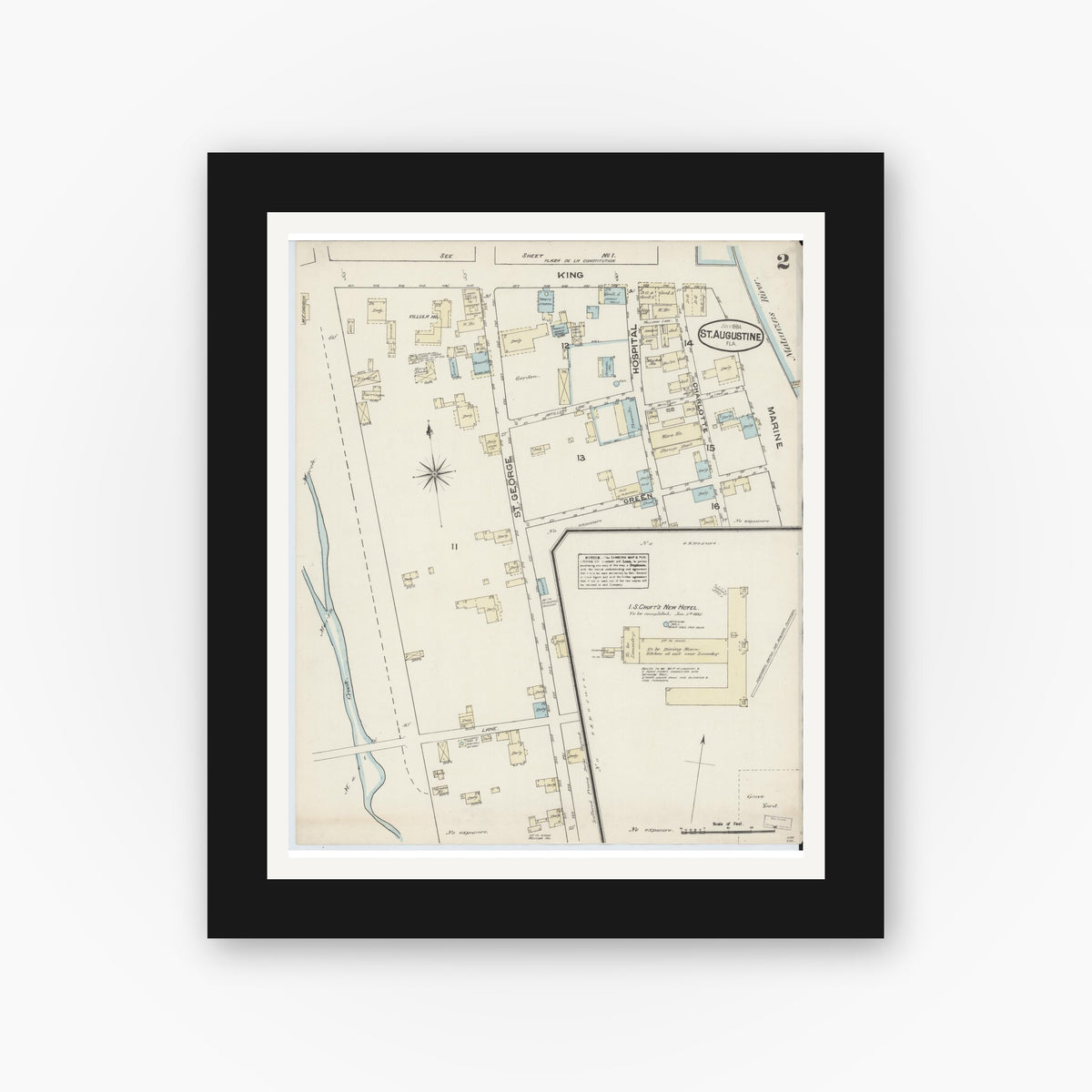 Old map wall art mockup — black gallery frame with white mat — Sanborn Fire Insurance Map from Saint Augustine, Saint John's County, Florida (1884), Sheet #0002