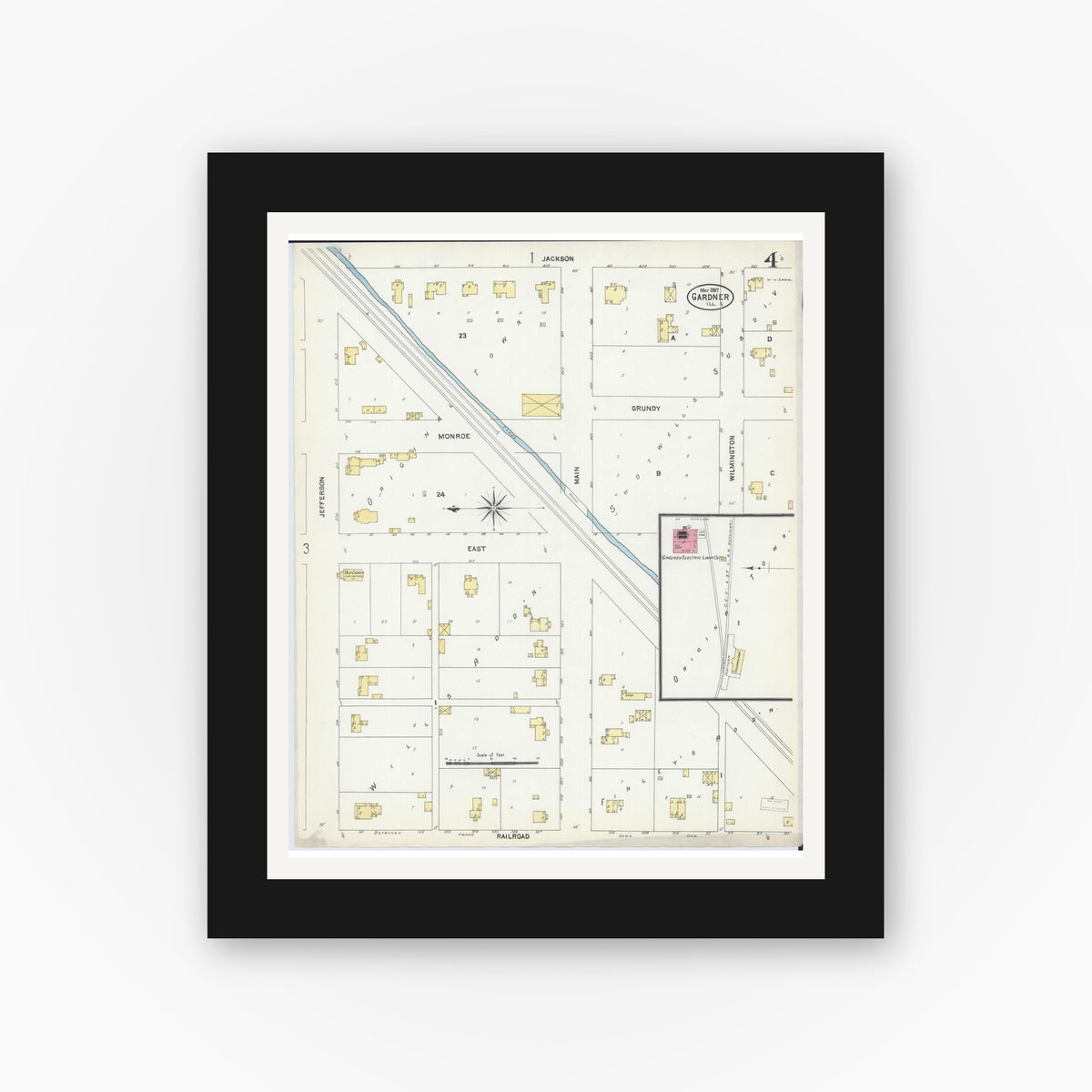 Old map wall art mockup — black gallery frame with white mat — Sanborn Fire Insurance Map from Gardner, Grundy County, Illinois (1907), Sheet #0004