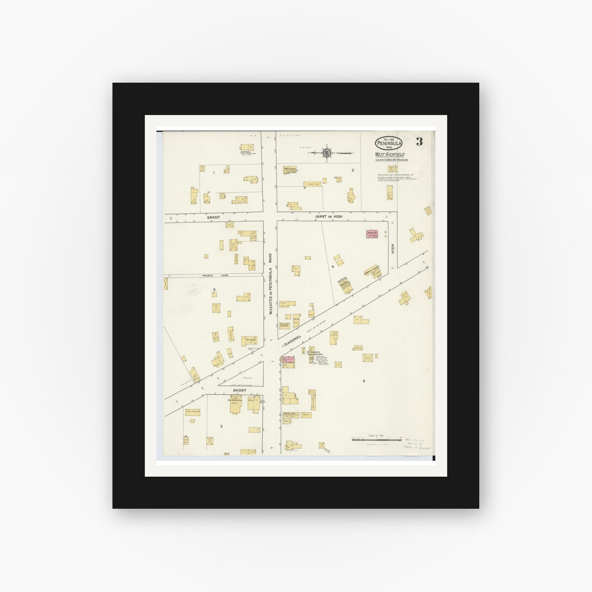Old map wall art mockup — black gallery frame with white mat — Sanborn Fire Insurance Map from Peninsula, Summit County, Ohio (1916), Sheet #0003