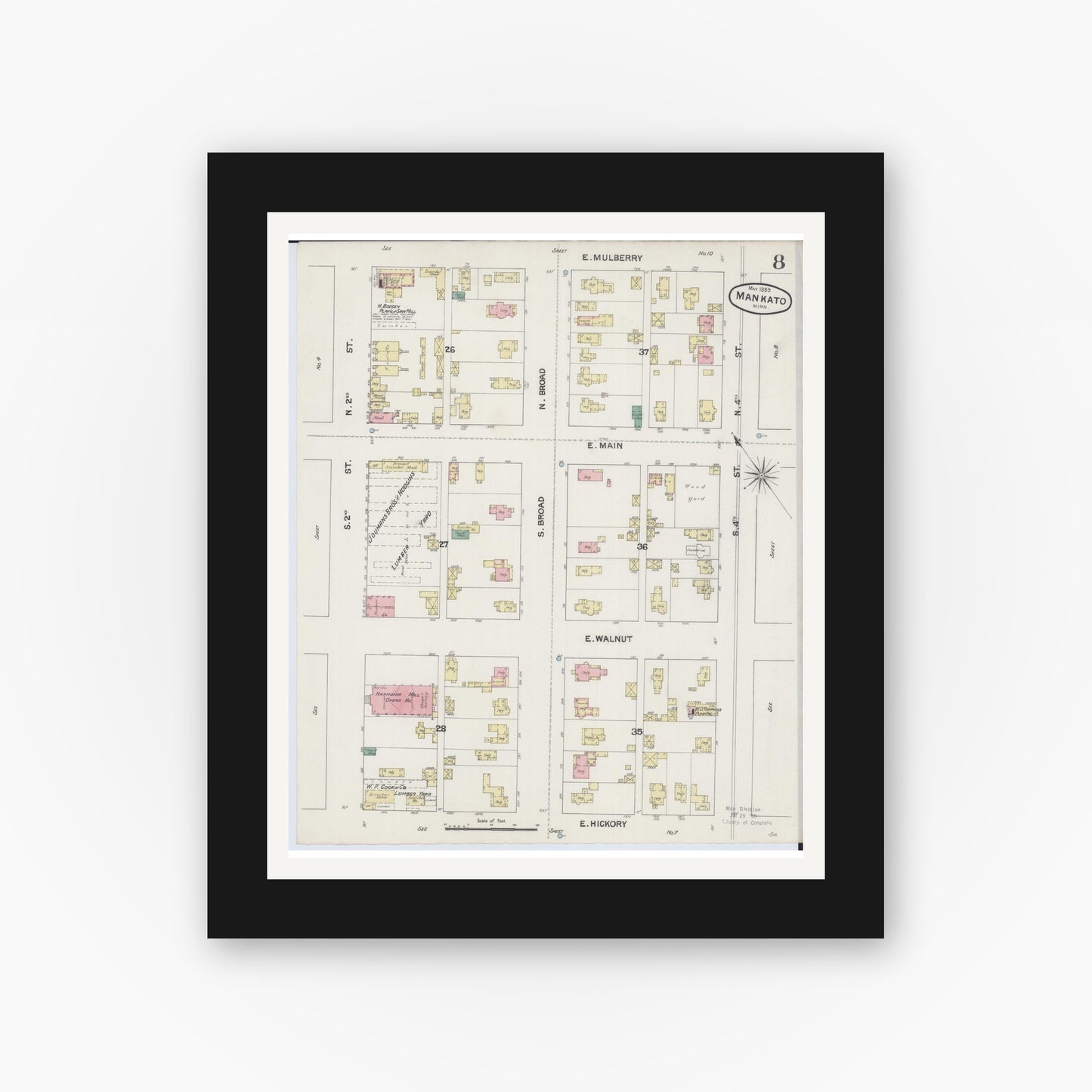 Old map wall art mockup — black gallery frame with white mat — Sanborn Fire Insurance Map from Mankato, Blue Earth County, Minnesota (1889), Sheet #0008