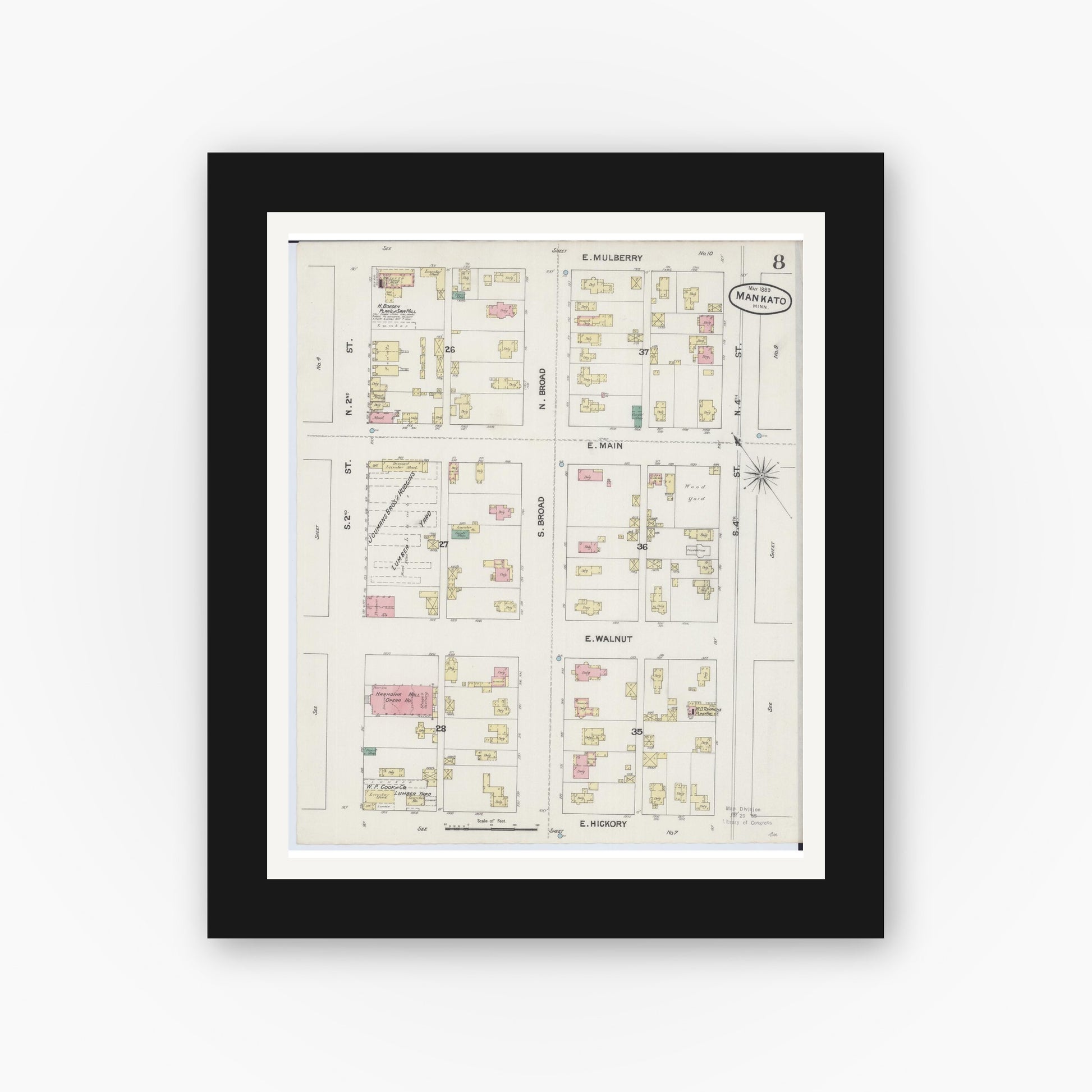 Old map wall art mockup — black gallery frame with white mat — Sanborn Fire Insurance Map from Mankato, Blue Earth County, Minnesota (1889), Sheet #0008