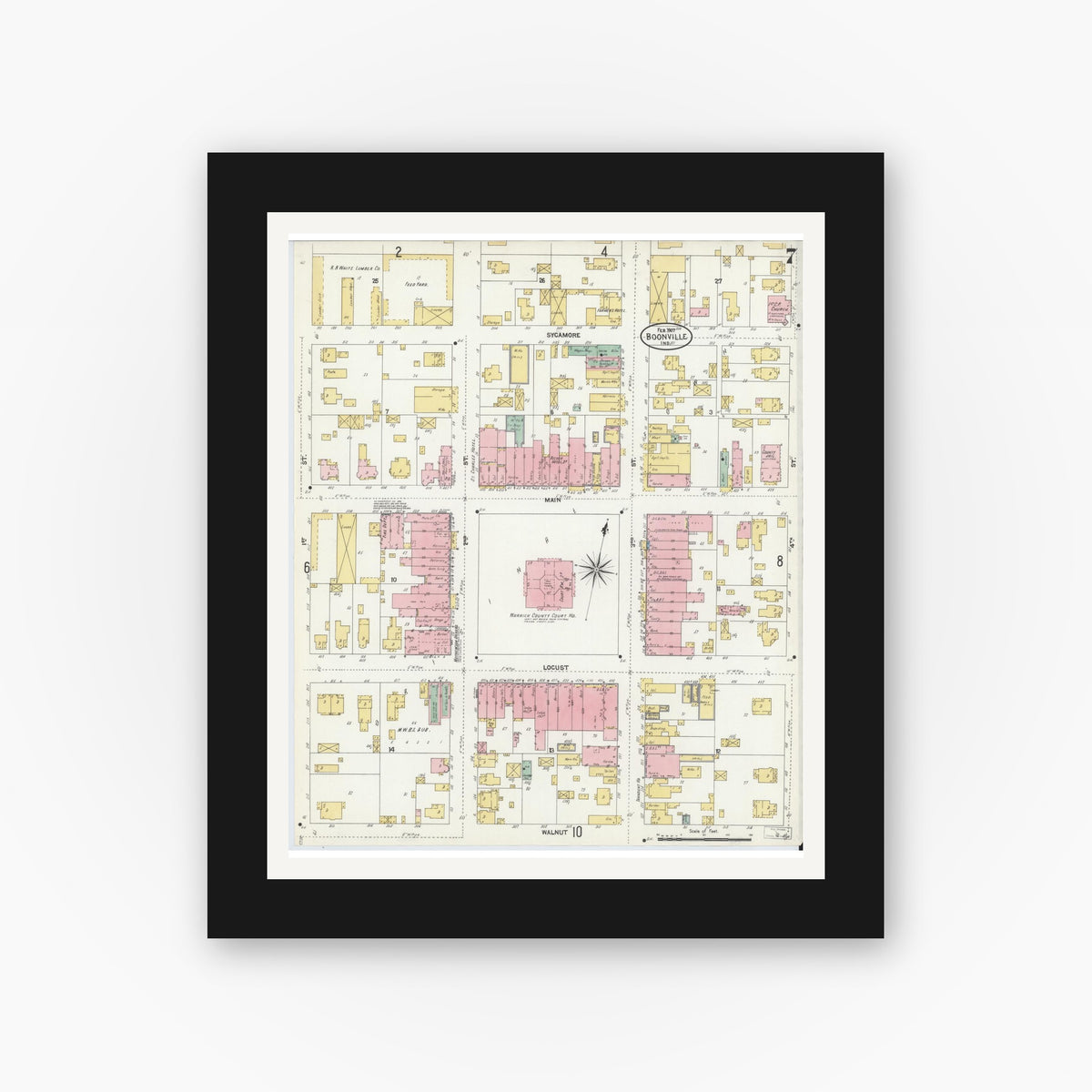 Old map wall art mockup — black gallery frame with white mat — Sanborn Fire Insurance Map from Boonville, Warrick County, Indiana (1907), Sheet #0007
