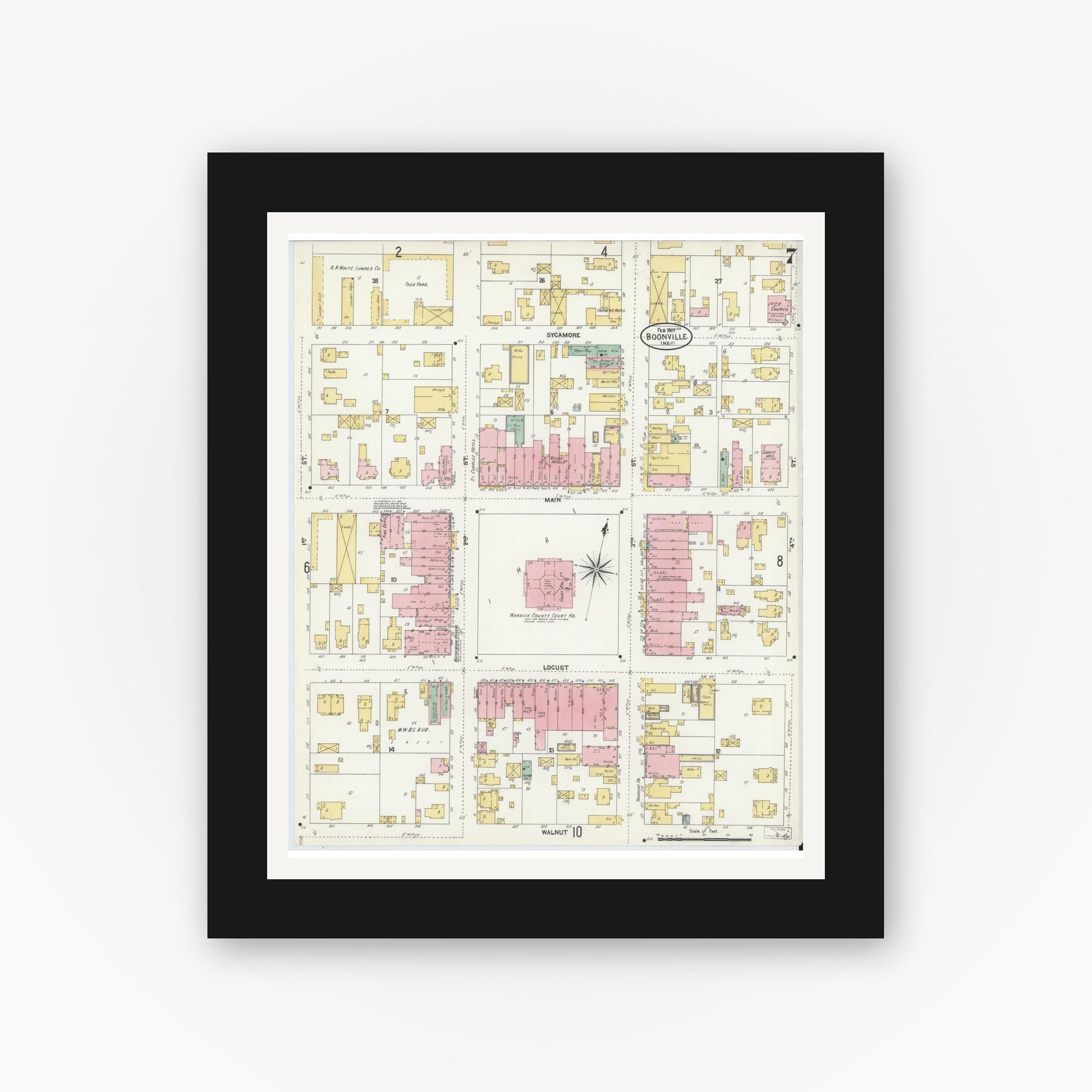 Old map wall art mockup — black gallery frame with white mat — Sanborn Fire Insurance Map from Boonville, Warrick County, Indiana (1907), Sheet #0007