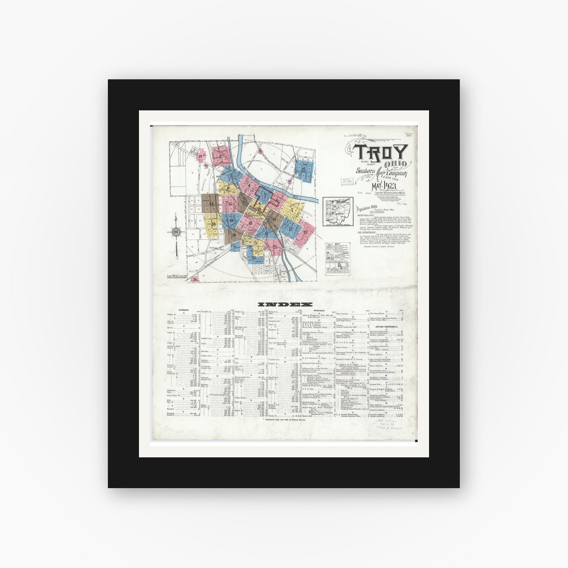 Old map wall art mockup — black gallery frame with white mat — Sanborn Fire Insurance Map from Troy, Miami County, Ohio (1923), Sheet #0001