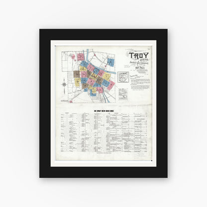 Old map wall art mockup — black gallery frame with white mat — Sanborn Fire Insurance Map from Troy, Miami County, Ohio (1923), Sheet #0001