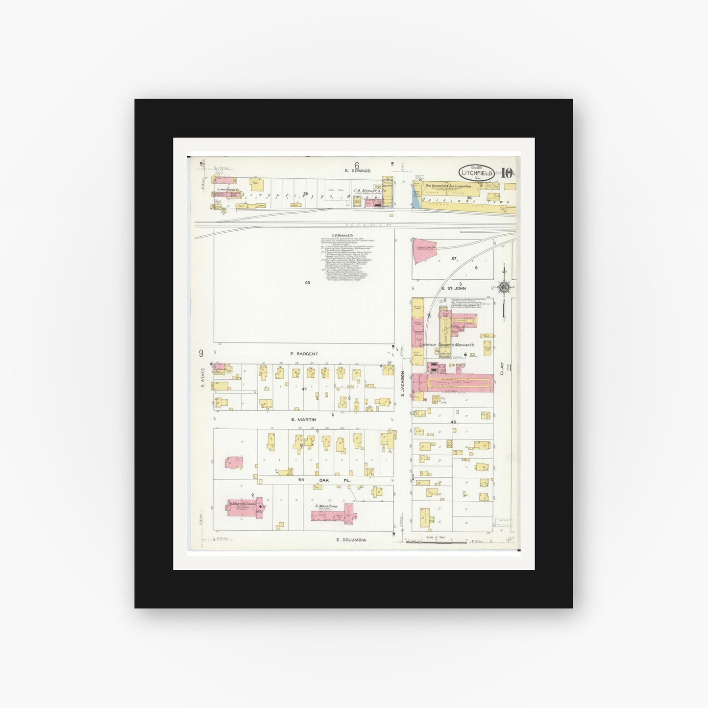 Old map wall art mockup — black gallery frame with white mat — Sanborn Fire Insurance Map from Litchfield, Montgomery County, Illinois (1910), Sheet #0010