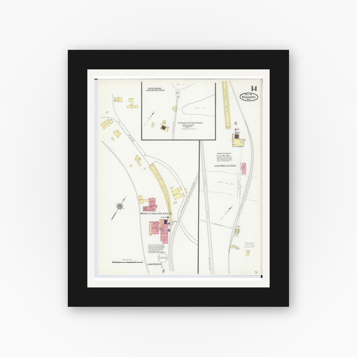 Old map wall art mockup — black gallery frame with white mat — Sanborn Fire Insurance Map from Negaunee, Marquette County, Michigan (1911), Sheet #0014