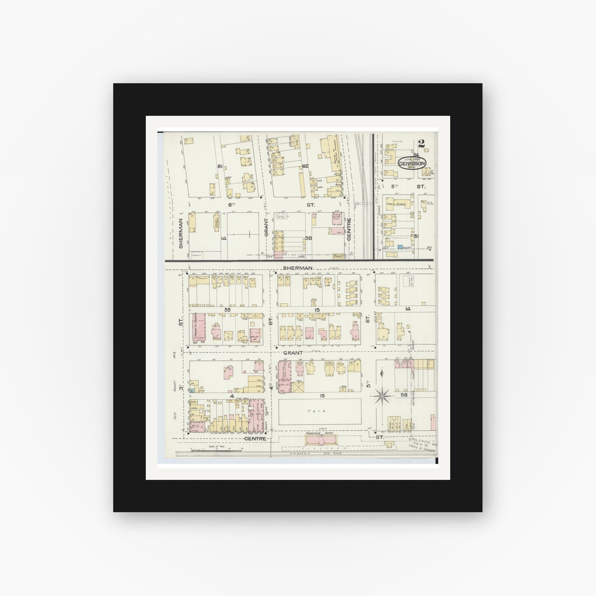 Old map wall art mockup — black gallery frame with white mat — Sanborn Fire Insurance Map from Dennison, Tuscarawas County, Ohio (1892), Sheet #0002