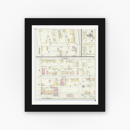 Old map wall art mockup — black gallery frame with white mat — Sanborn Fire Insurance Map from Dennison, Tuscarawas County, Ohio (1892), Sheet #0002