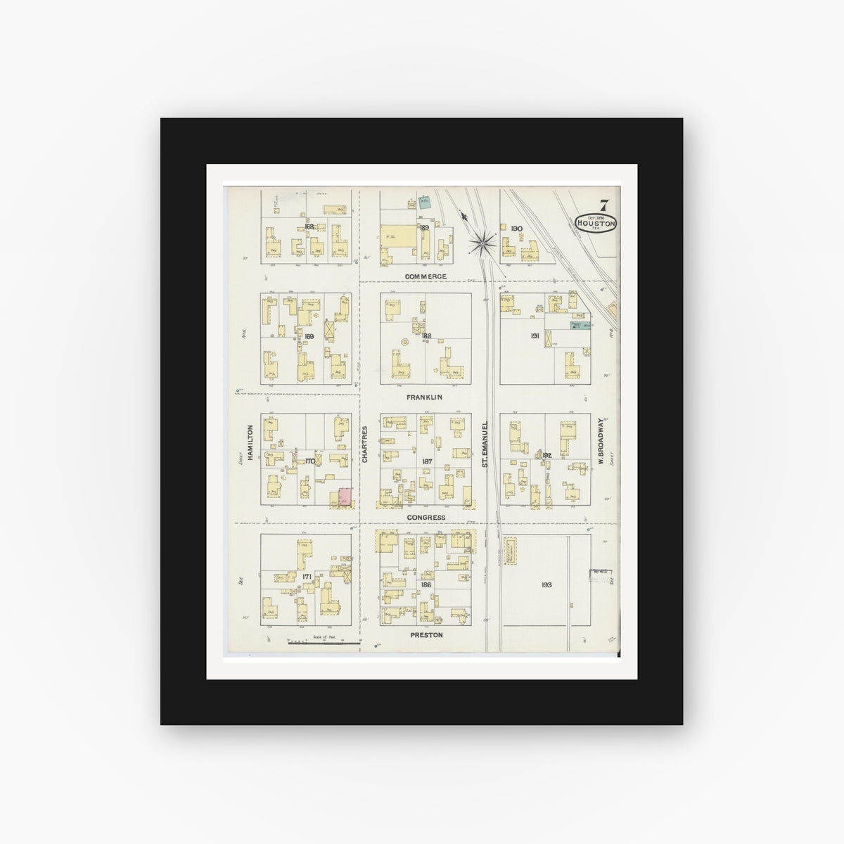 Old map wall art mockup — black gallery frame with white mat — Sanborn Fire Insurance Map from Houston, Harris County, Texas (1890), Sheet #0007