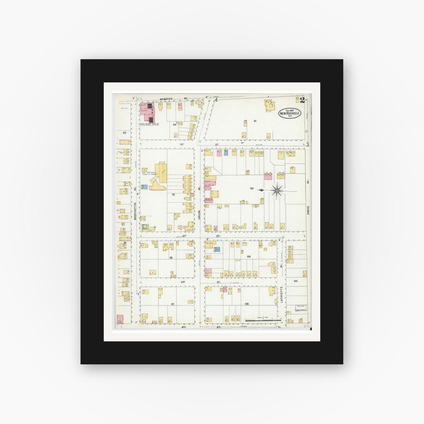 Old map wall art mockup — black gallery frame with white mat — Sanborn Fire Insurance Map from New Rochelle, Westchester County, New York (1903) - Complete Map Set