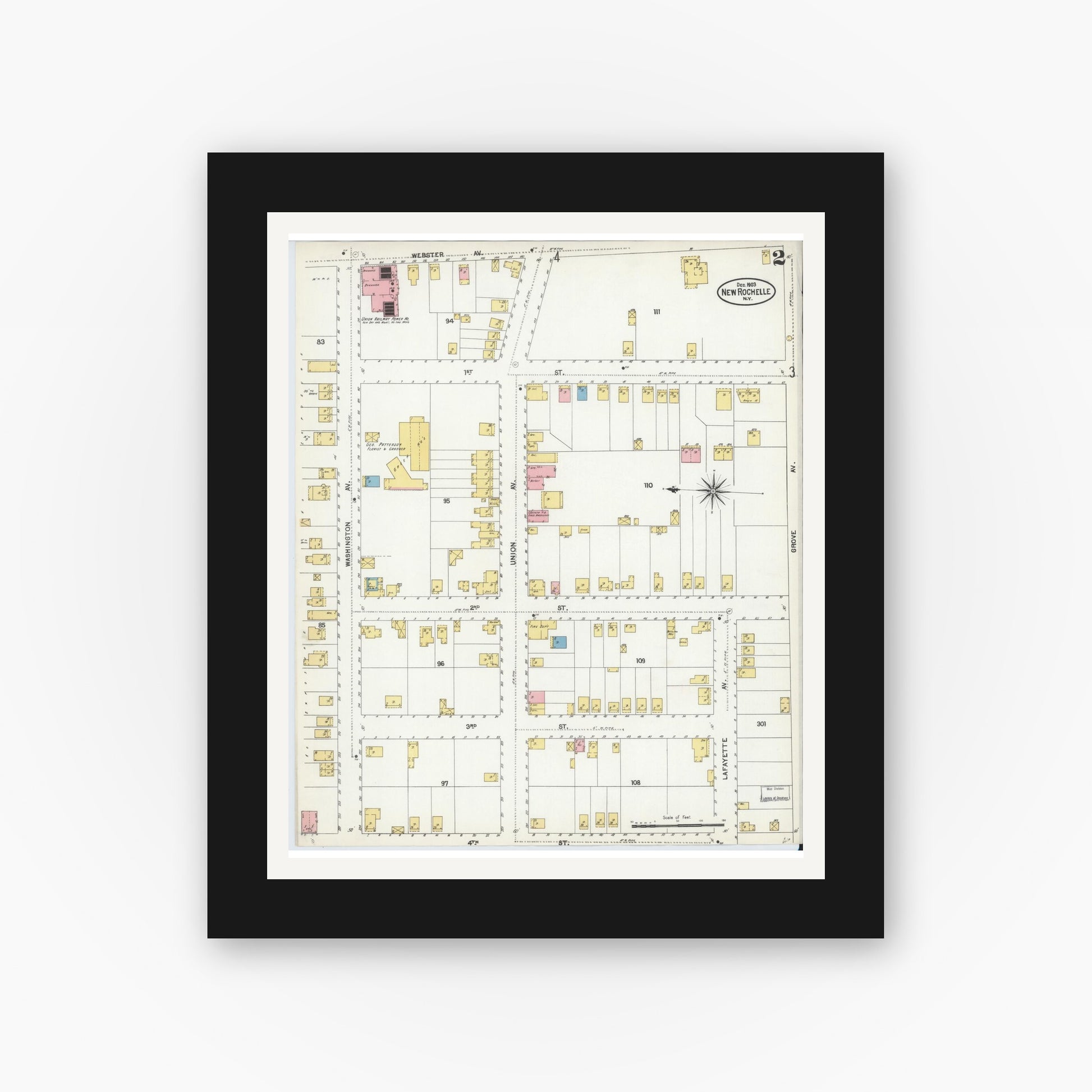 Old map wall art mockup — black gallery frame with white mat — Sanborn Fire Insurance Map from New Rochelle, Westchester County, New York (1903) - Complete Map Set