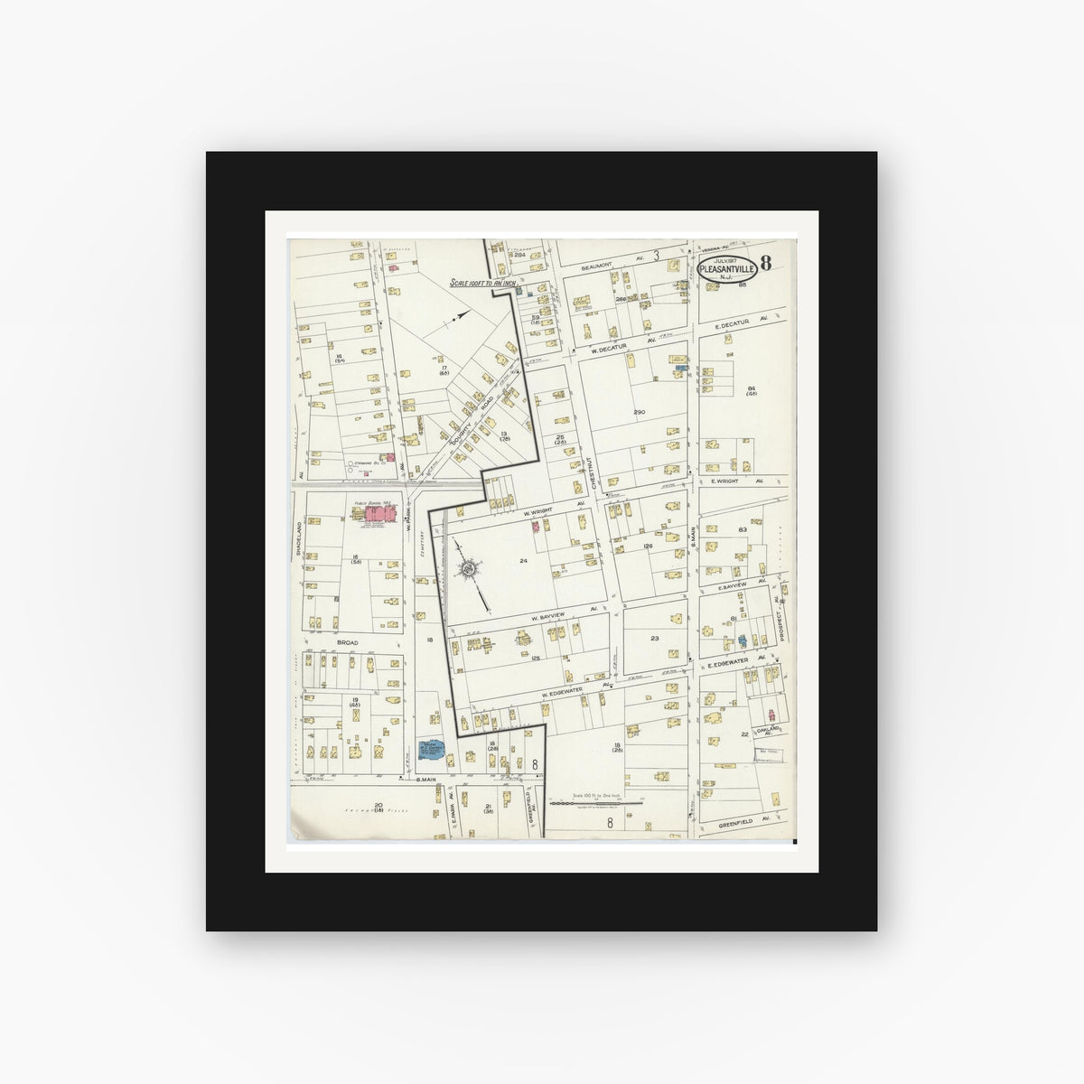 Old map wall art mockup — black gallery frame with white mat — Sanborn Fire Insurance Map from Pleasantville, Atlantic County, New Jersey (1917), Sheet #0008