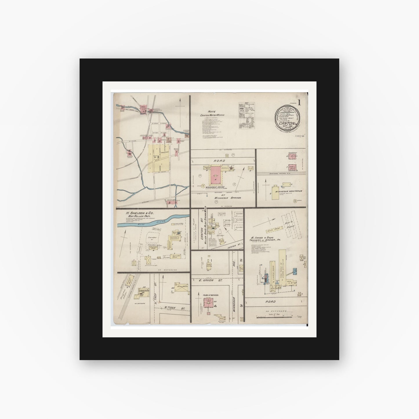 Old map wall art mockup — black gallery frame with white mat — Sanborn Fire Insurance Map from Canton, Bradford County, Pennsylvania (1885), Sheet #0001