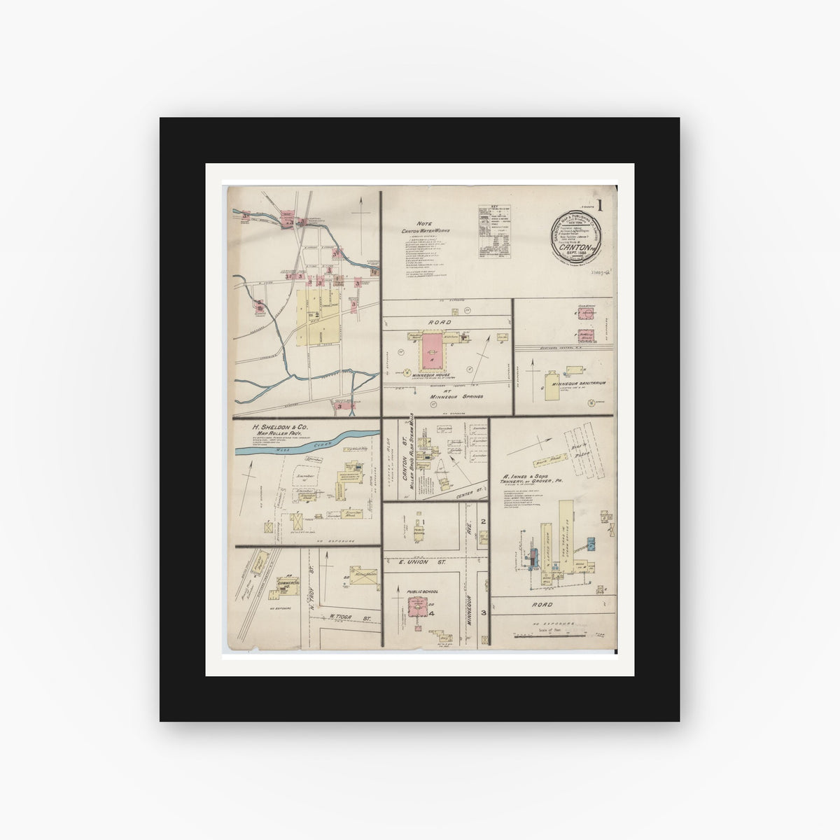 Old map wall art mockup — black gallery frame with white mat — Sanborn Fire Insurance Map from Canton, Bradford County, Pennsylvania (1885), Sheet #0001