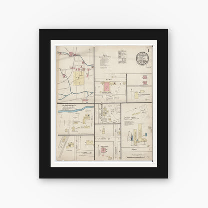 Old map wall art mockup — black gallery frame with white mat — Sanborn Fire Insurance Map from Canton, Bradford County, Pennsylvania (1885), Sheet #0001