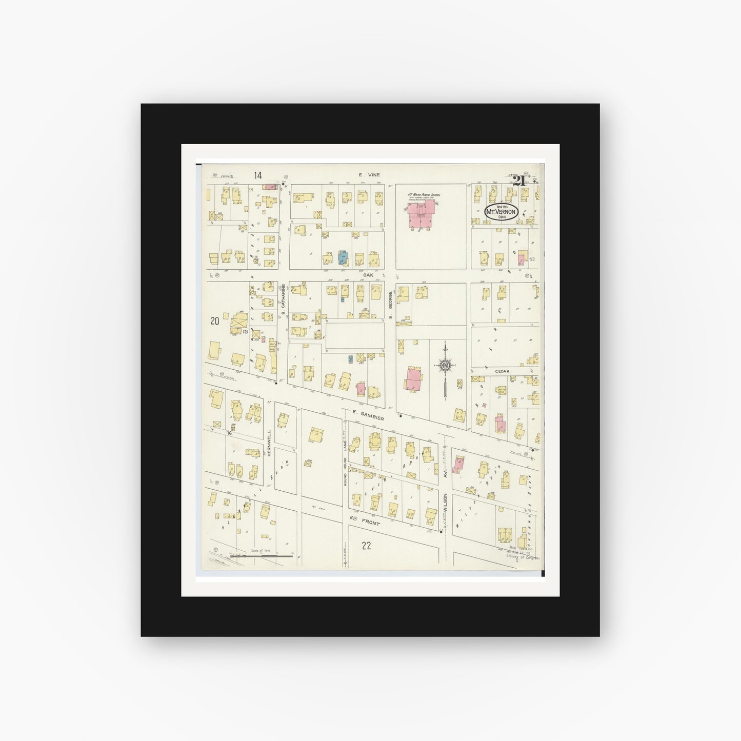 Old map wall art mockup — black gallery frame with white mat — Sanborn Fire Insurance Map from Mount Vernon, Knox County, Ohio (1913), Sheet #0021