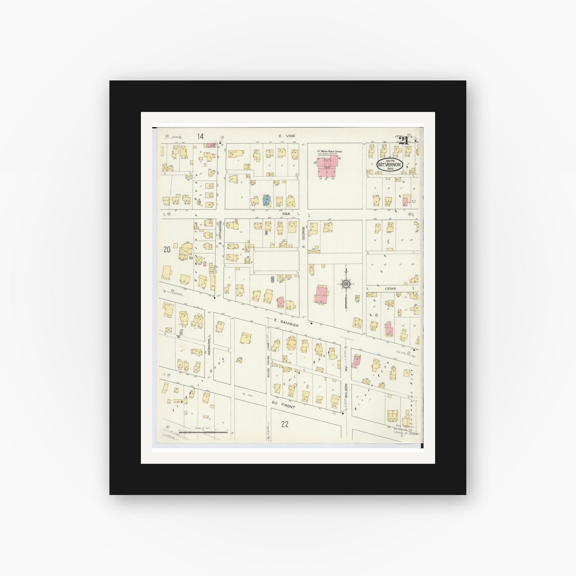 Old map wall art mockup — black gallery frame with white mat — Sanborn Fire Insurance Map from Mount Vernon, Knox County, Ohio (1913), Sheet #0021