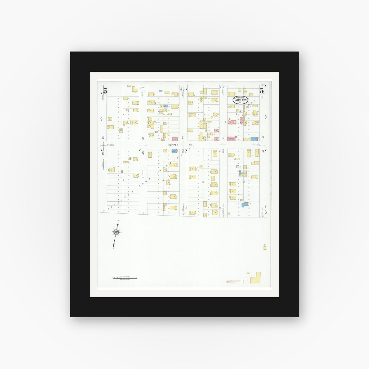 Old map wall art mockup — black gallery frame with white mat — Sanborn Fire Insurance Map from Fair Lawn, Bergen County, New Jersey (1929), Sheet #0005