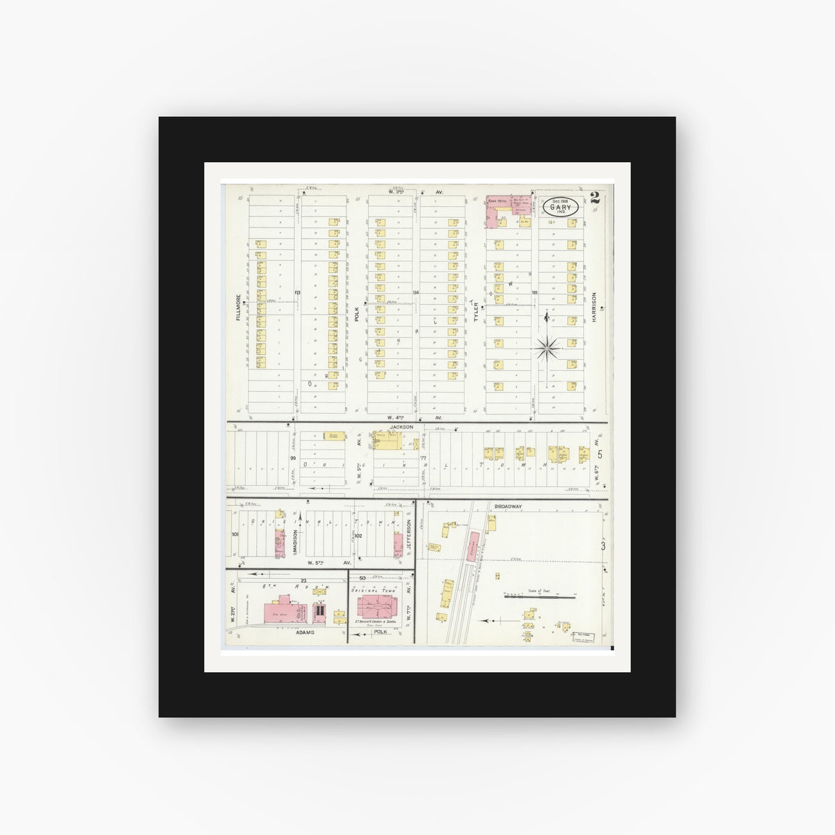 Old map wall art mockup — black gallery frame with white mat — Sanborn Fire Insurance Map from Gary, Lake County, Indiana (1908), Sheet #0002