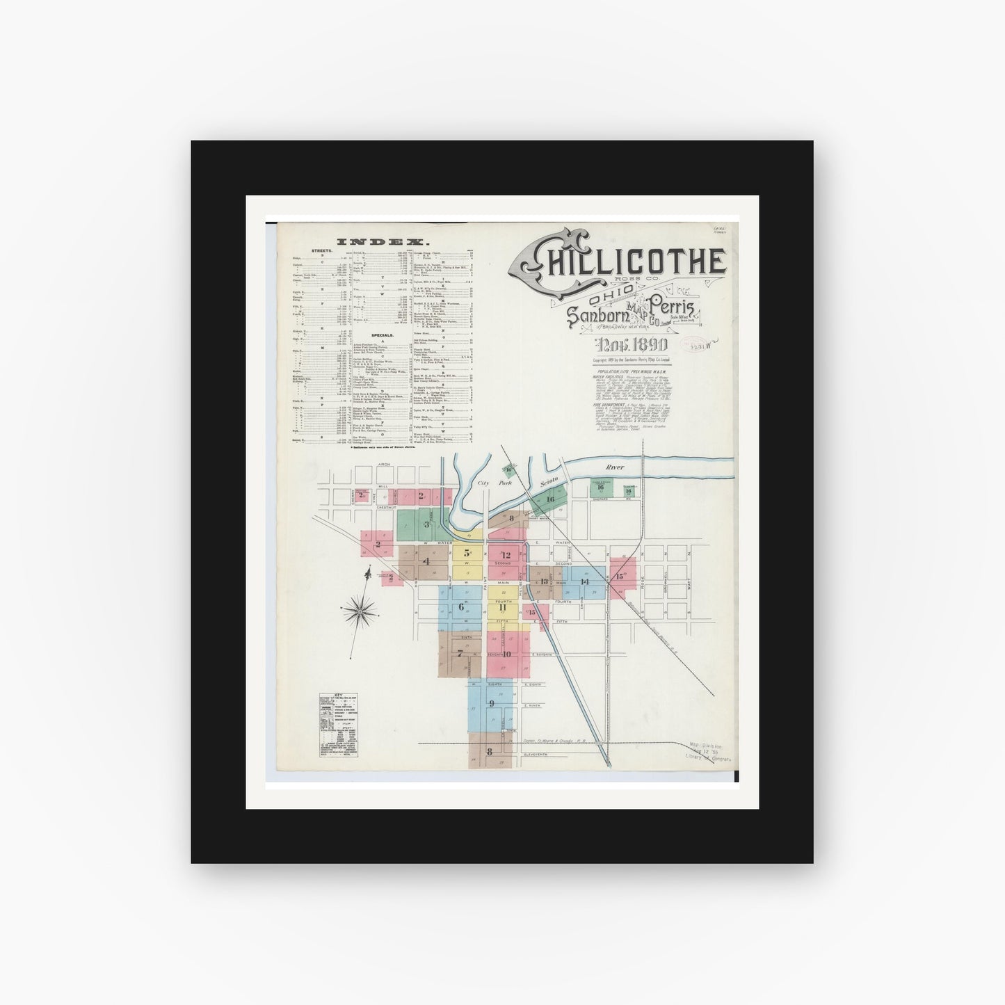 Old map wall art mockup — black gallery frame with white mat — Sanborn Fire Insurance Map from Chillicothe, Ross County, Ohio (1890), Sheet #0001