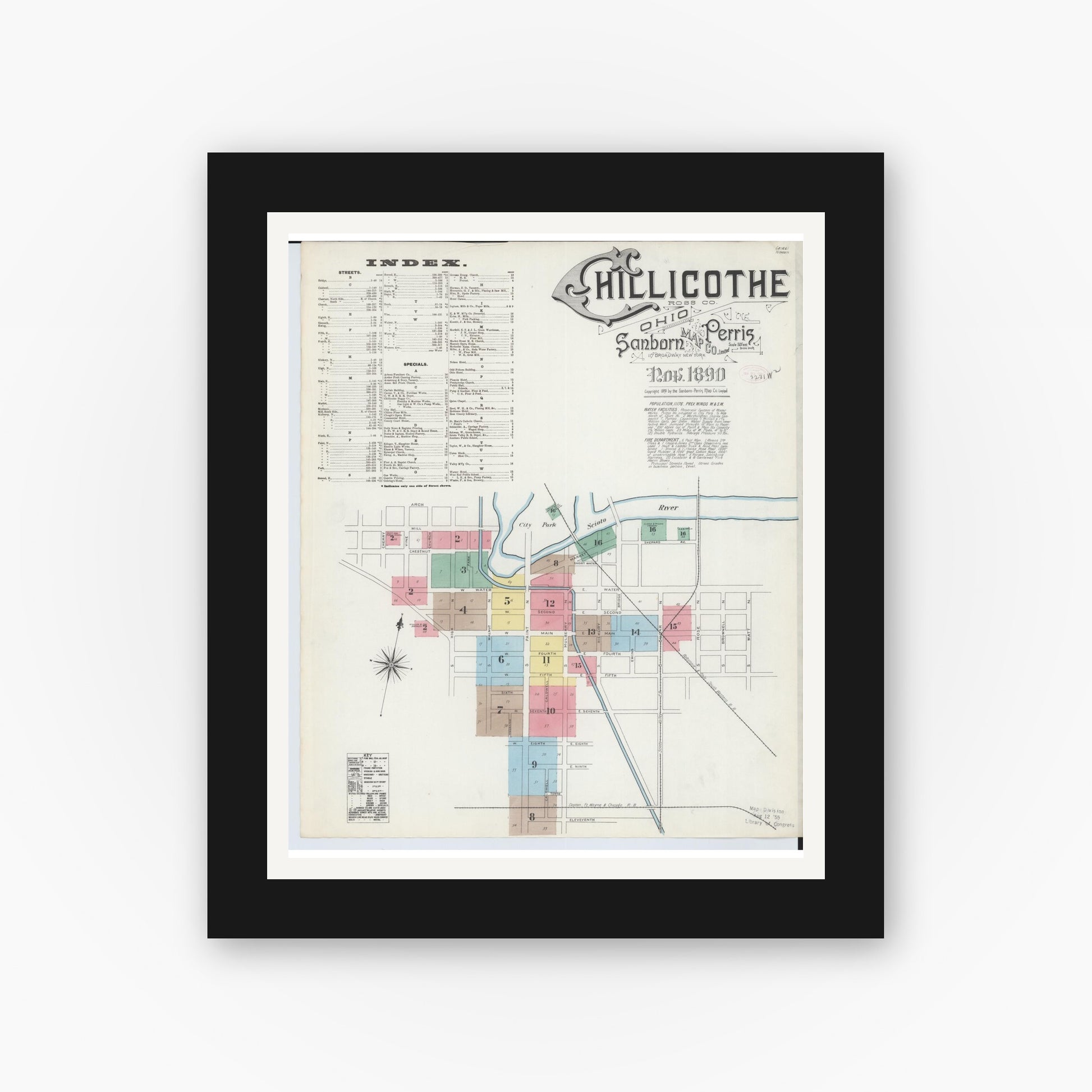 Old map wall art mockup — black gallery frame with white mat — Sanborn Fire Insurance Map from Chillicothe, Ross County, Ohio (1890), Sheet #0001