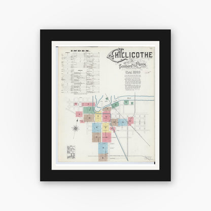 Old map wall art mockup — black gallery frame with white mat — Sanborn Fire Insurance Map from Chillicothe, Ross County, Ohio (1890), Sheet #0001