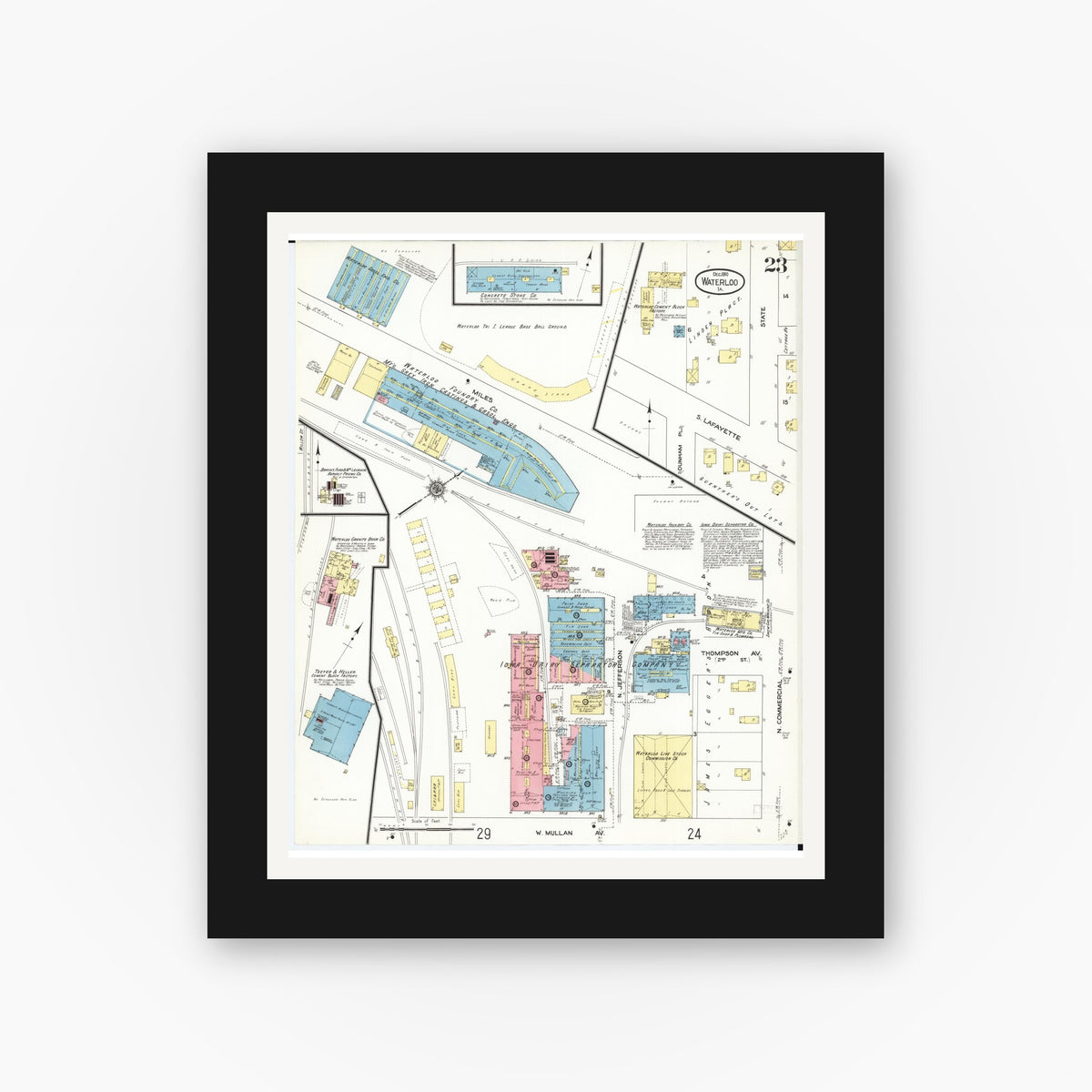 Old map wall art mockup — black gallery frame with white mat — Sanborn Fire Insurance Map from Waterloo, Black Hawk County, Iowa (1910), Sheet #0023