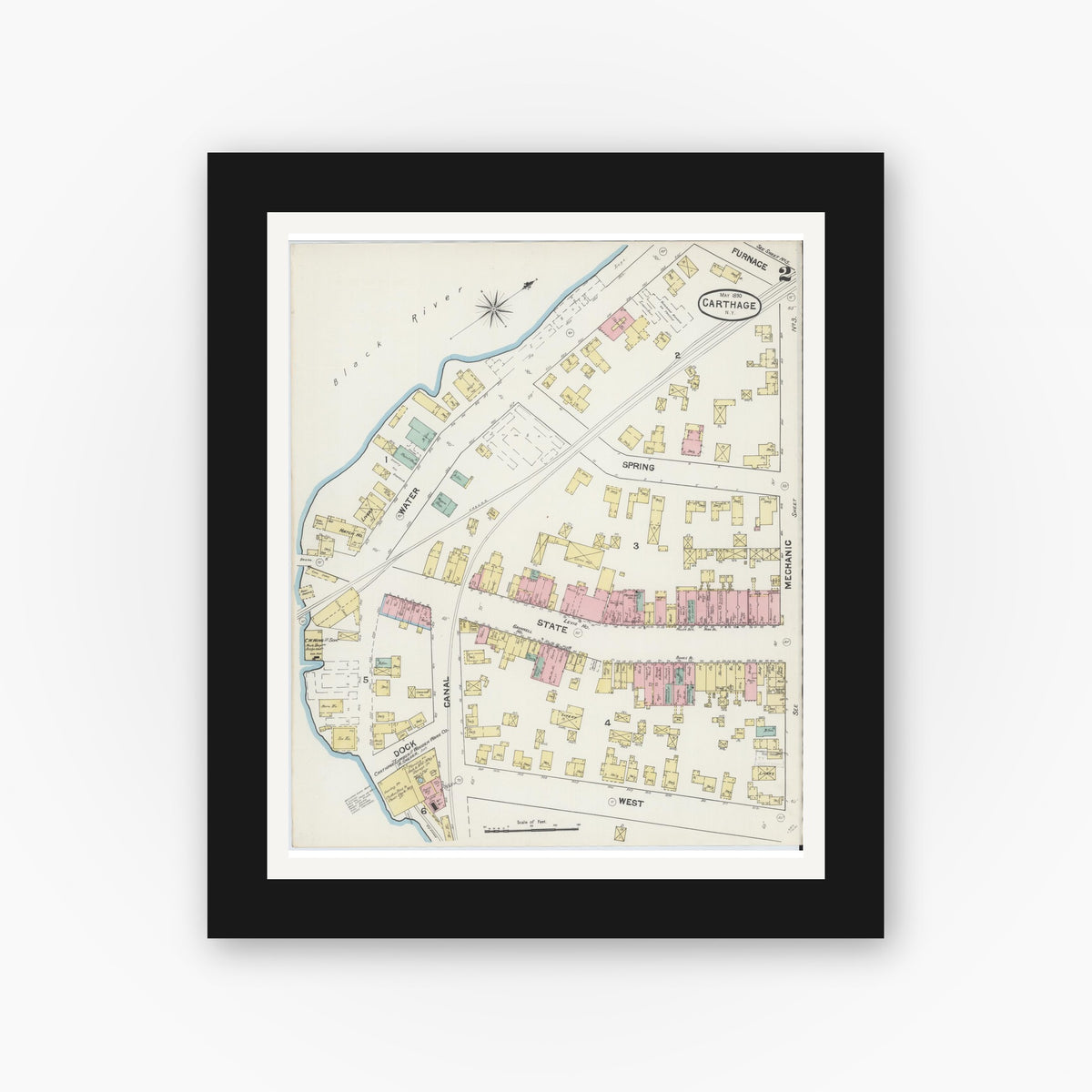 Old map wall art mockup — black gallery frame with white mat — Sanborn Fire Insurance Map from Carthage, Jefferson County, New York (1890) - Complete Map Set