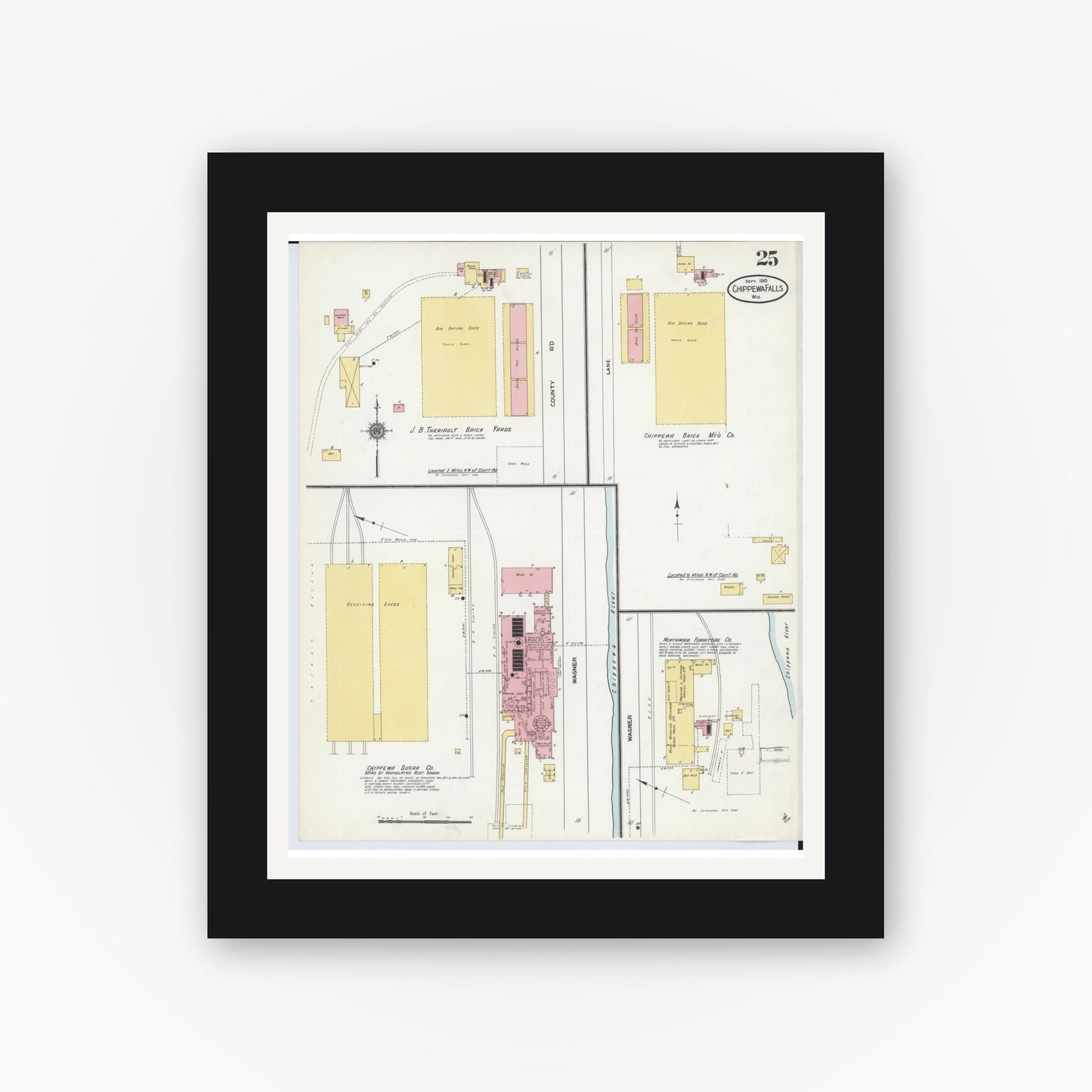 Old map wall art mockup — black gallery frame with white mat — Sanborn Fire Insurance Map from Chippewa Falls, Chippewa County, Wisconsin (1910), Sheet #0025