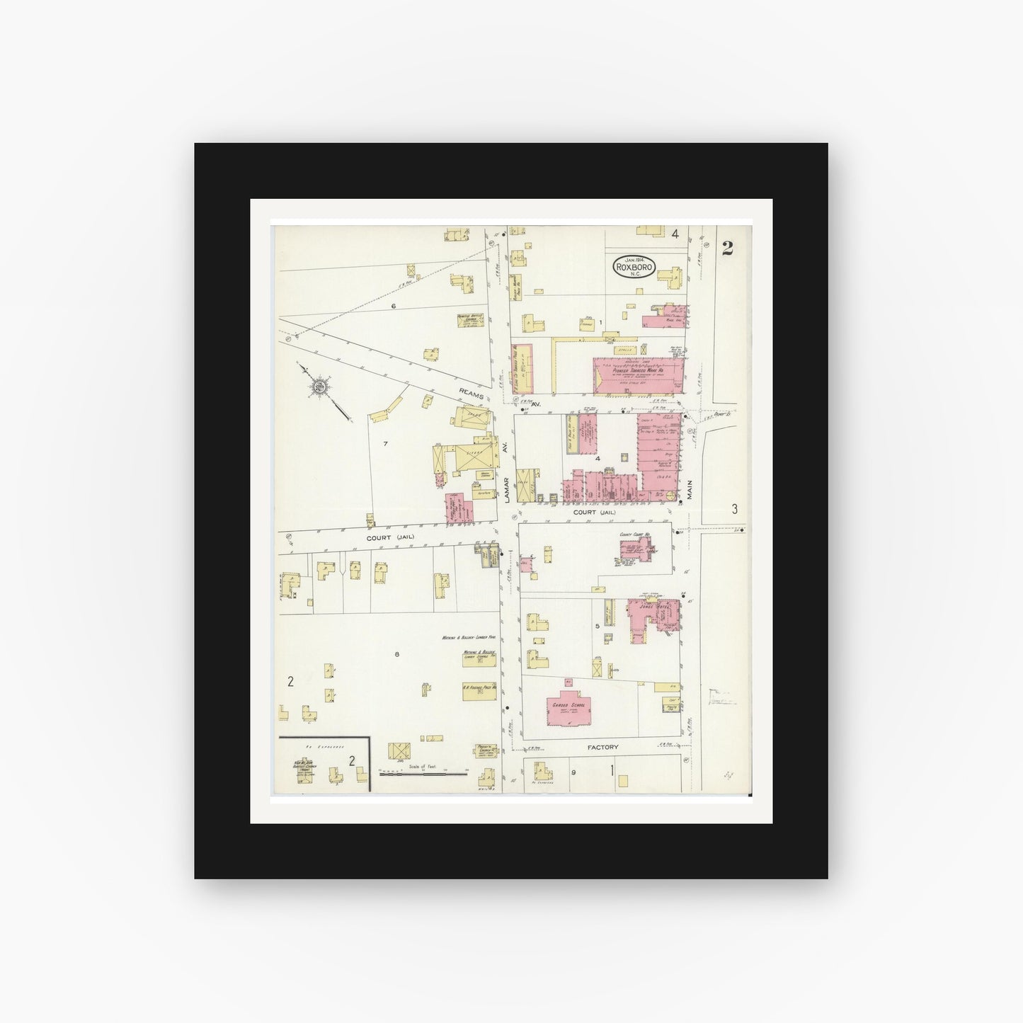 Old map wall art mockup — black gallery frame with white mat — Sanborn Fire Insurance Map from Roxboro, Person County, North Carolina (1914), Sheet #0002