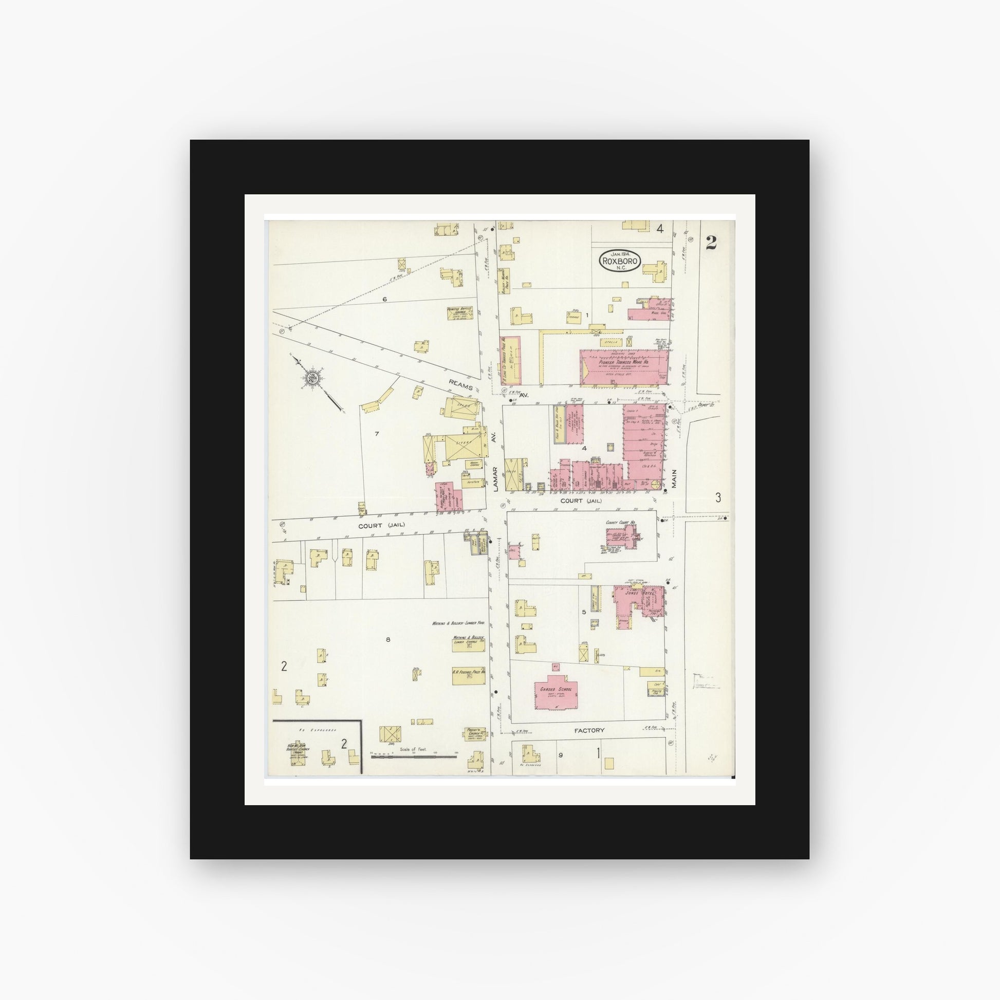 Old map wall art mockup — black gallery frame with white mat — Sanborn Fire Insurance Map from Roxboro, Person County, North Carolina (1914), Sheet #0002