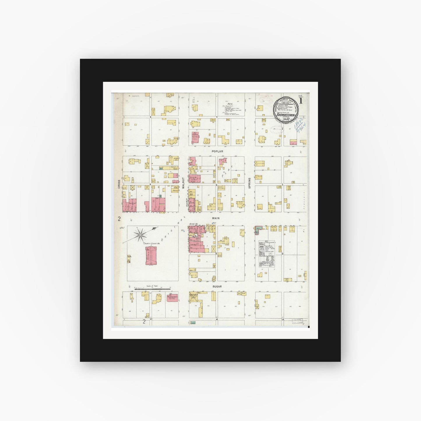 Old map wall art mockup — black gallery frame with white mat — Sanborn Fire Insurance Map from Brownstown, Jackson County, Indiana (1899) - Complete Map Set