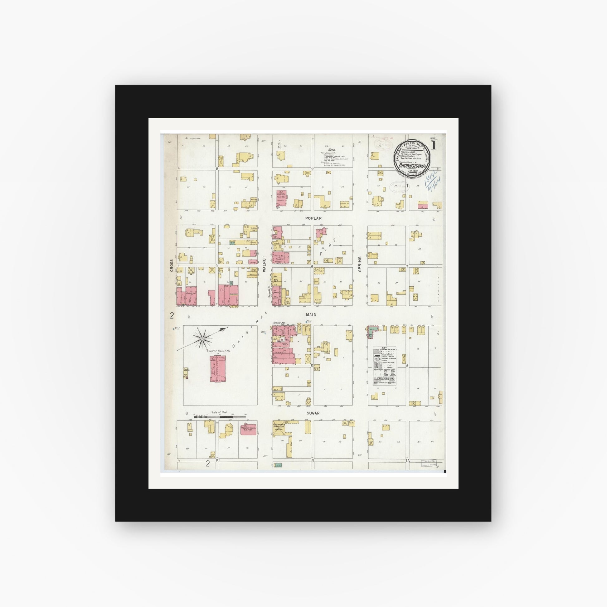 Old map wall art mockup — black gallery frame with white mat — Sanborn Fire Insurance Map from Brownstown, Jackson County, Indiana (1899) - Complete Map Set