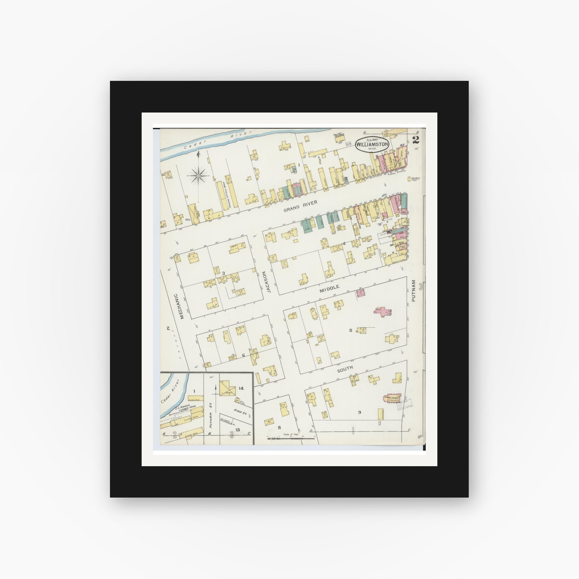 Old map wall art mockup — black gallery frame with white mat — Sanborn Fire Insurance Map from Williamston, Ingham County, Michigan (1893), Sheet #0002