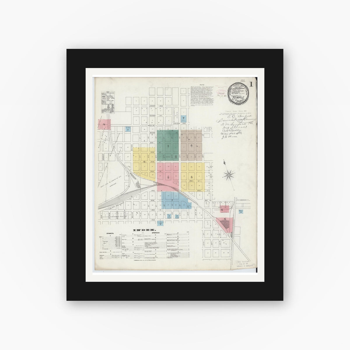 Old map wall art mockup — black gallery frame with white mat — Sanborn Fire Insurance Map from Temple, Bell County, Texas (1893), Sheet #0001