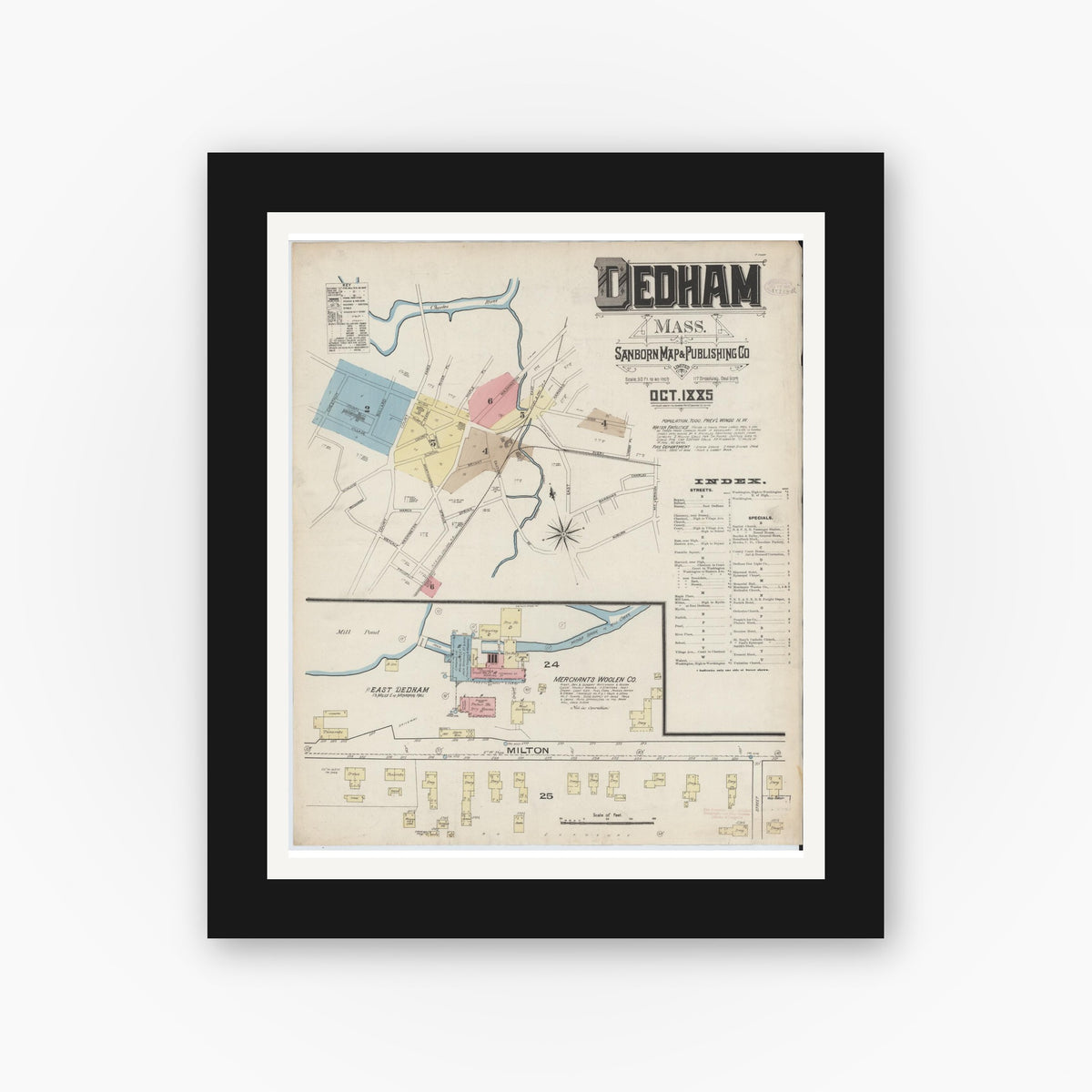 Old map wall art mockup — black gallery frame with white mat — Sanborn Fire Insurance Map from Dedham, Norfolk County, Massachusetts (1885), Sheet #0001
