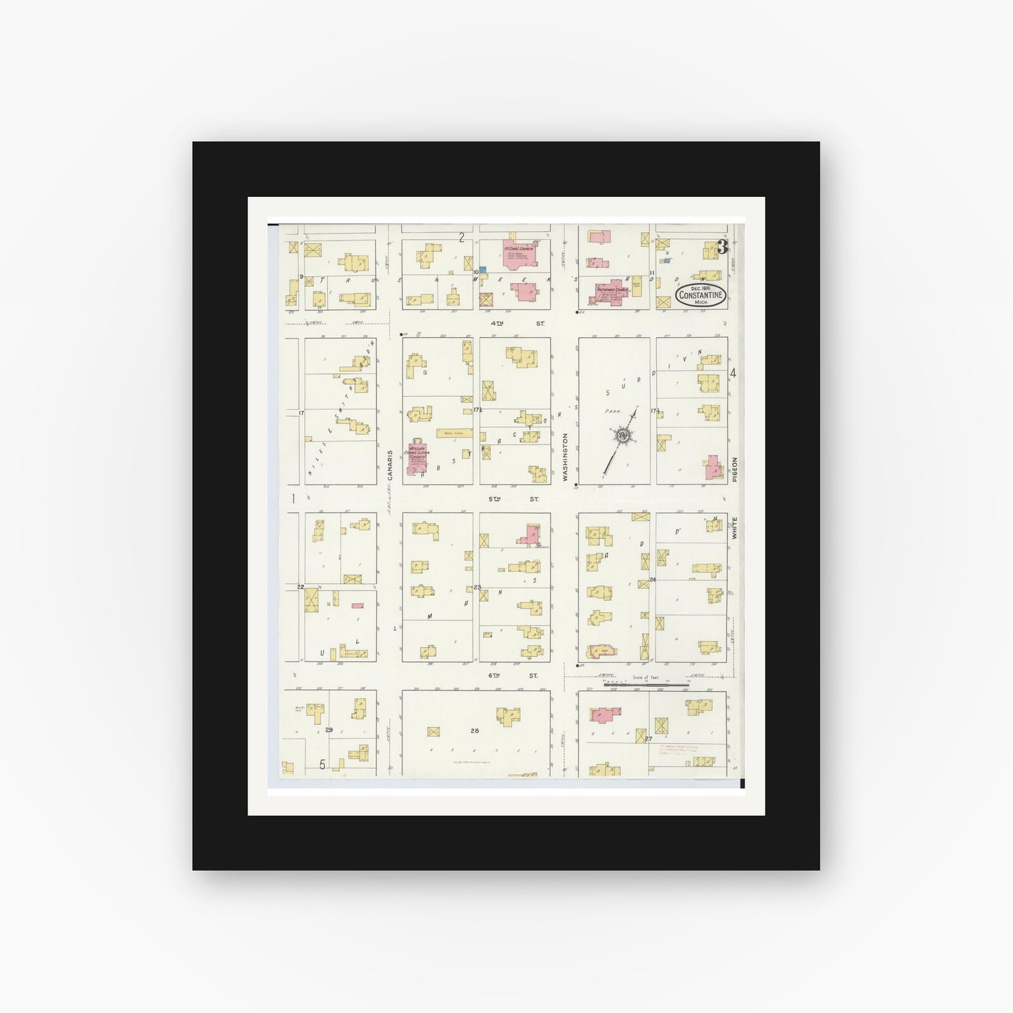 Old map wall art mockup — black gallery frame with white mat — Sanborn Fire Insurance Map from Constantine, Saint Joseph County, Michigan (1916), Sheet #0003