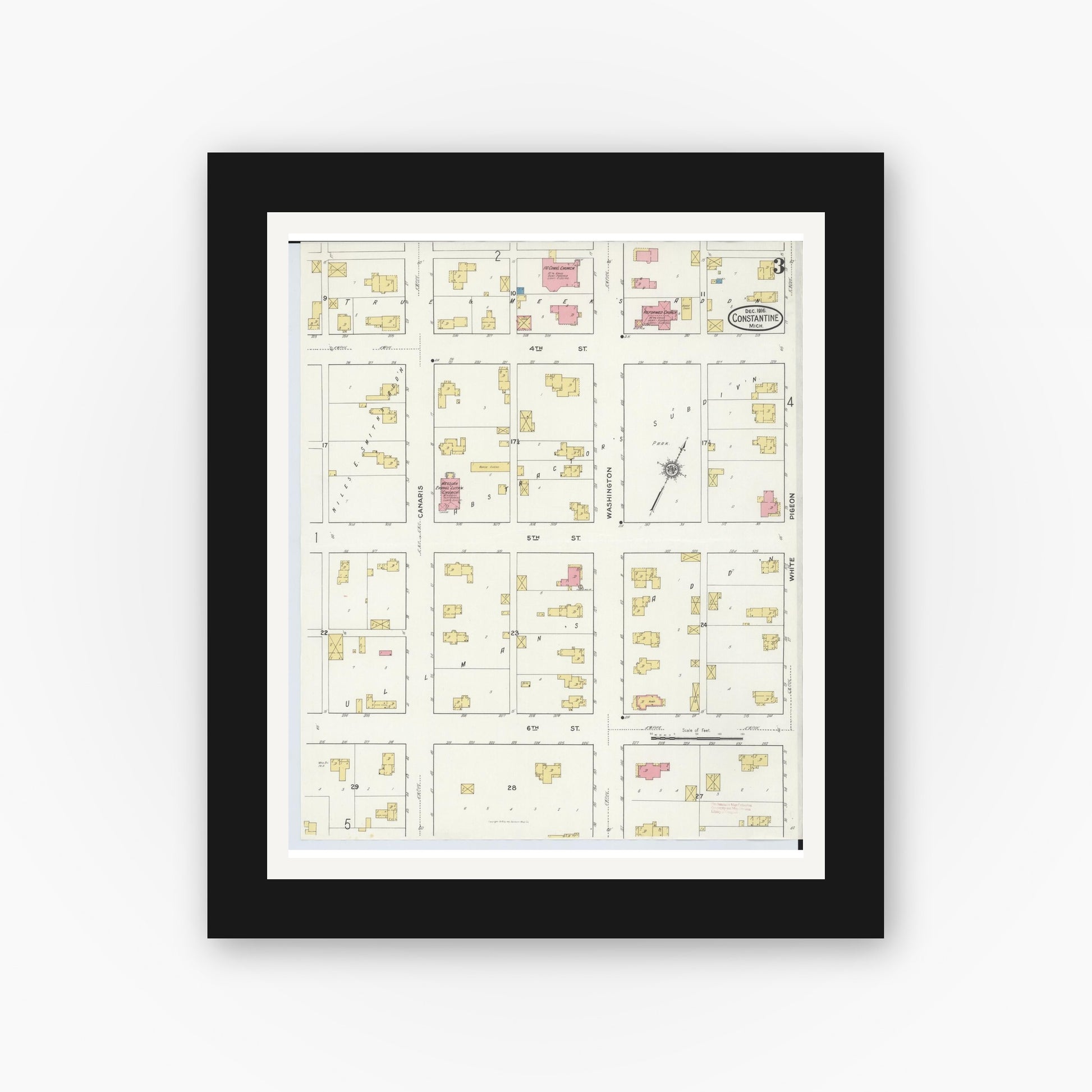 Old map wall art mockup — black gallery frame with white mat — Sanborn Fire Insurance Map from Constantine, Saint Joseph County, Michigan (1916), Sheet #0003